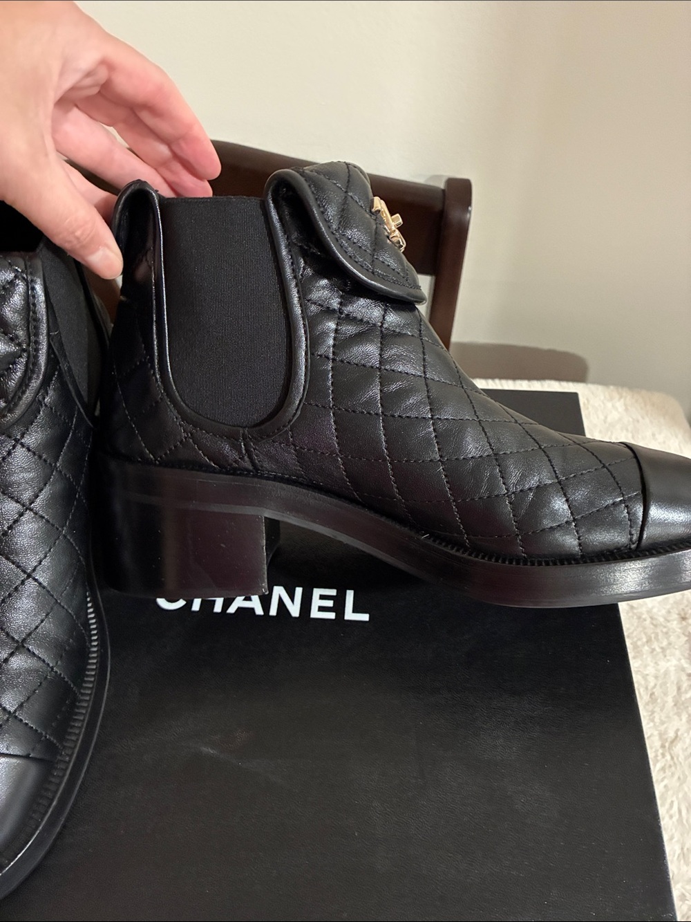 Authentic CHANEL Black Quilted Leather Ankle Boots with Gold CC Hardware - Picture 6 of 12